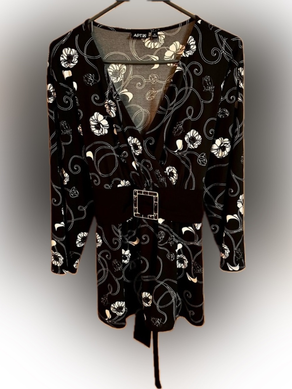 Apt. 9 Black White Floral Faux Wrap Tunic Blouse Buckle Waist XL Whimsigoth Goth